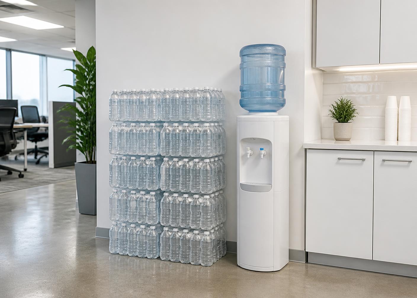 Cases of bottled drinking water and a water dispenser in a modern office pantry