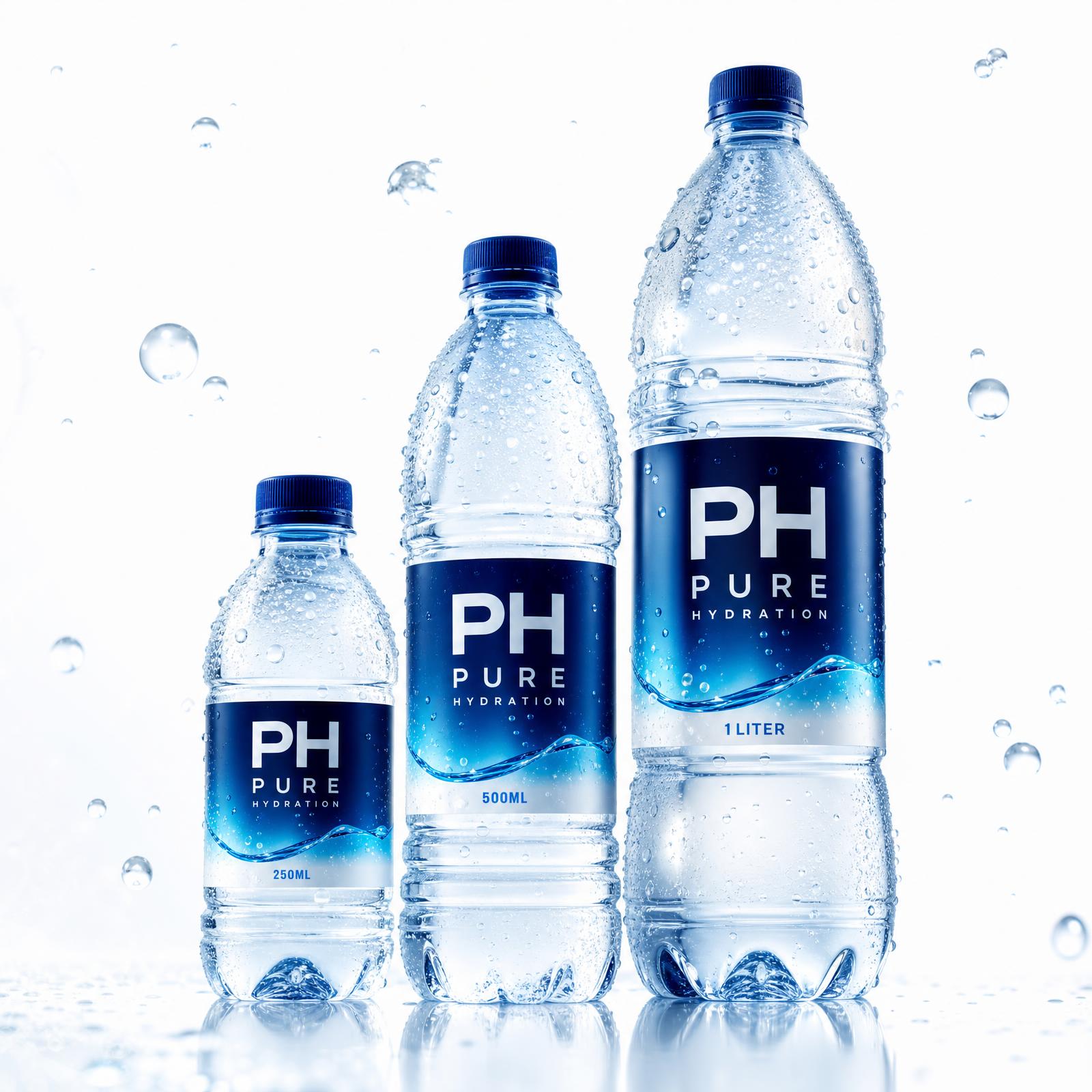 PH Pure Hydration 250 ML, 500 ML and 1 Liter packaged drinking water bottles with condensation